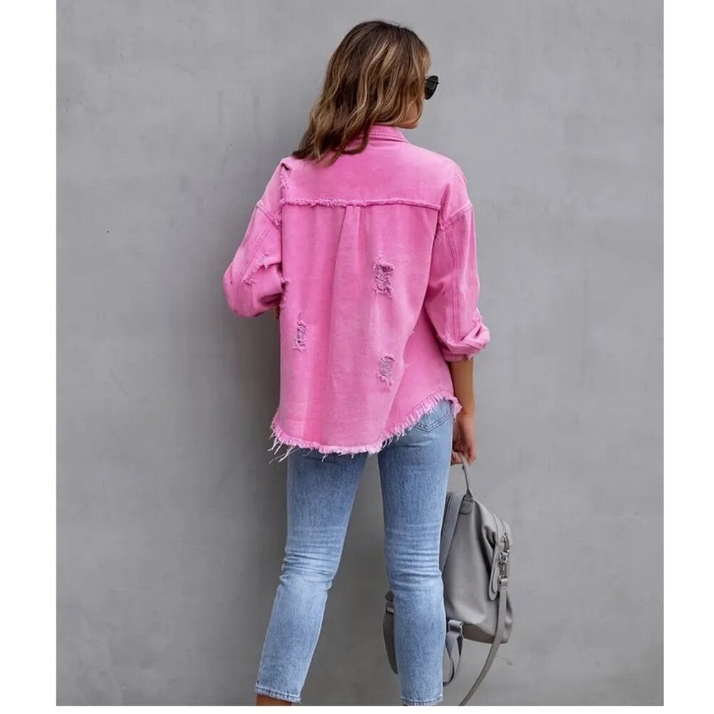 NWT Pink Jean Jacket Shirt Shacket Distresssed Pockets Sz14 Long Sleeved Collar - Picture 2 of 8